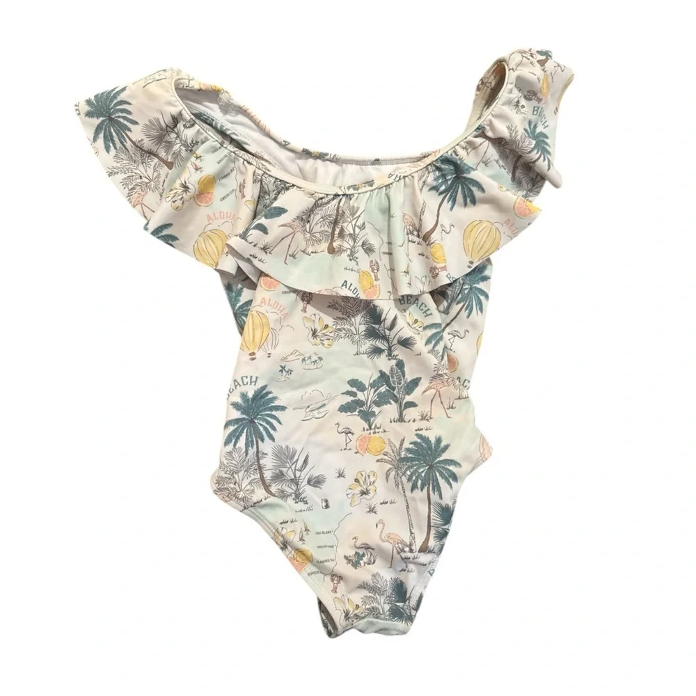 Janie And Jack Girls Size 4 Off-Shoulder Tropical One-Piece Swimsuit Pastel Mint